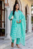 Sea Green Mirrorwork Floral Kurta Set with Trousers and Dupatta Sea Green Mirrorwork Floral Kurta Set with Trousers and Dupatta