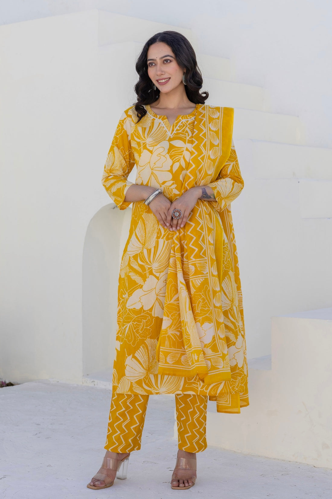 Mustard Yellow Pearl Highlight Cotton Kurta Set with Trousers and Dupatta Mustard Yellow Pearl Highlight Cotton Kurta Set with Trousers and Dupatta