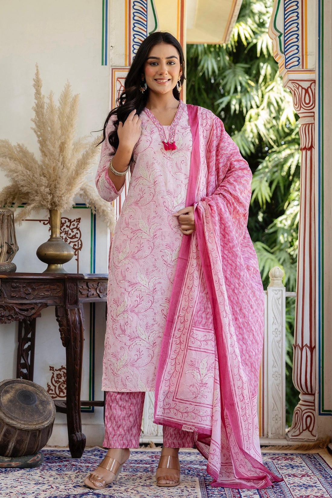 Pink Neck Highlight Printed Cotton Kurta Set with Trousers and Dupatta Pink Neck Highlight Printed Cotton Kurta Set with Trousers and Dupatta
