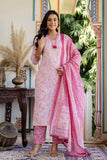 Pink Neck Highlight Printed Cotton Kurta Set with Trousers and Dupatta Pink Neck Highlight Printed Cotton Kurta Set with Trousers and Dupatta
