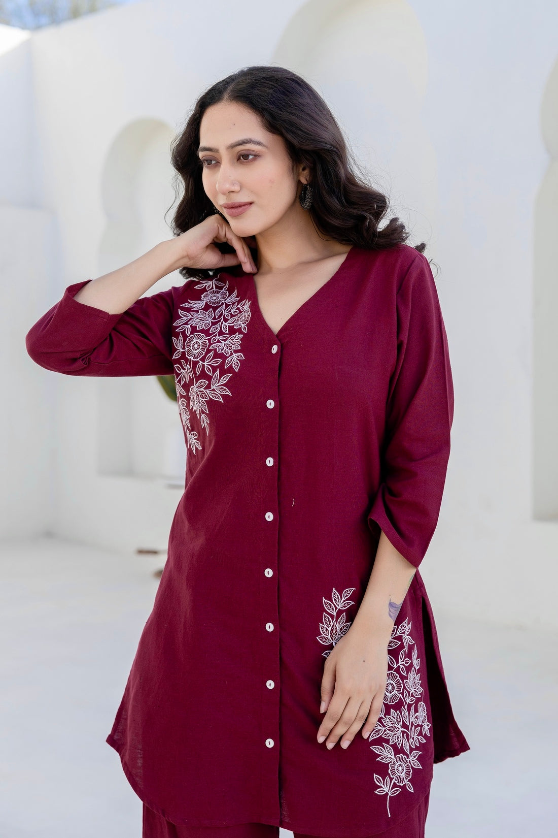 Ariadne - Burgundy Cotton Flex Solid Embroidered Coord Set Ariadne - Burgundy Cotton Flex Solid Embroidered Coord Set