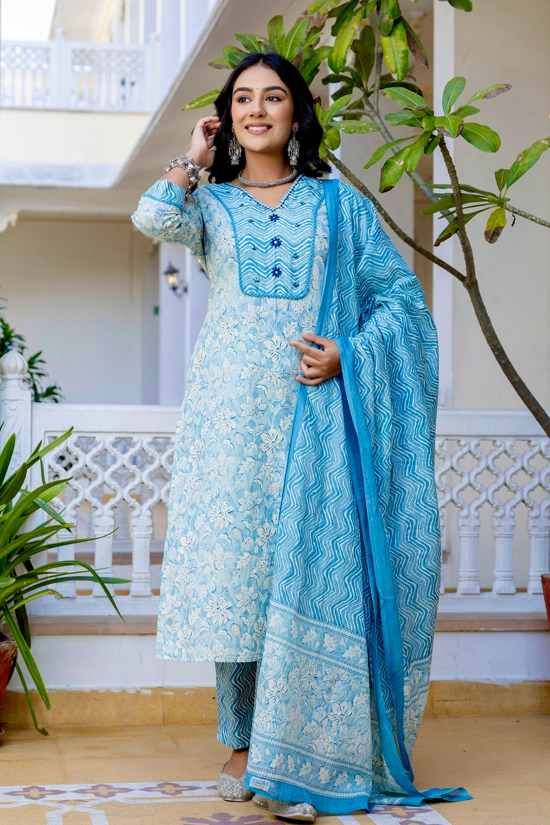 Blue Threadwork Yoke Design Kurta set with Trousers and Dupatta Blue Threadwork Yoke Design Kurta set with Trousers and Dupatta