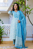 Blue Threadwork Yoke Design Kurta set with Trousers and Dupatta Blue Threadwork Yoke Design Kurta set with Trousers and Dupatta
