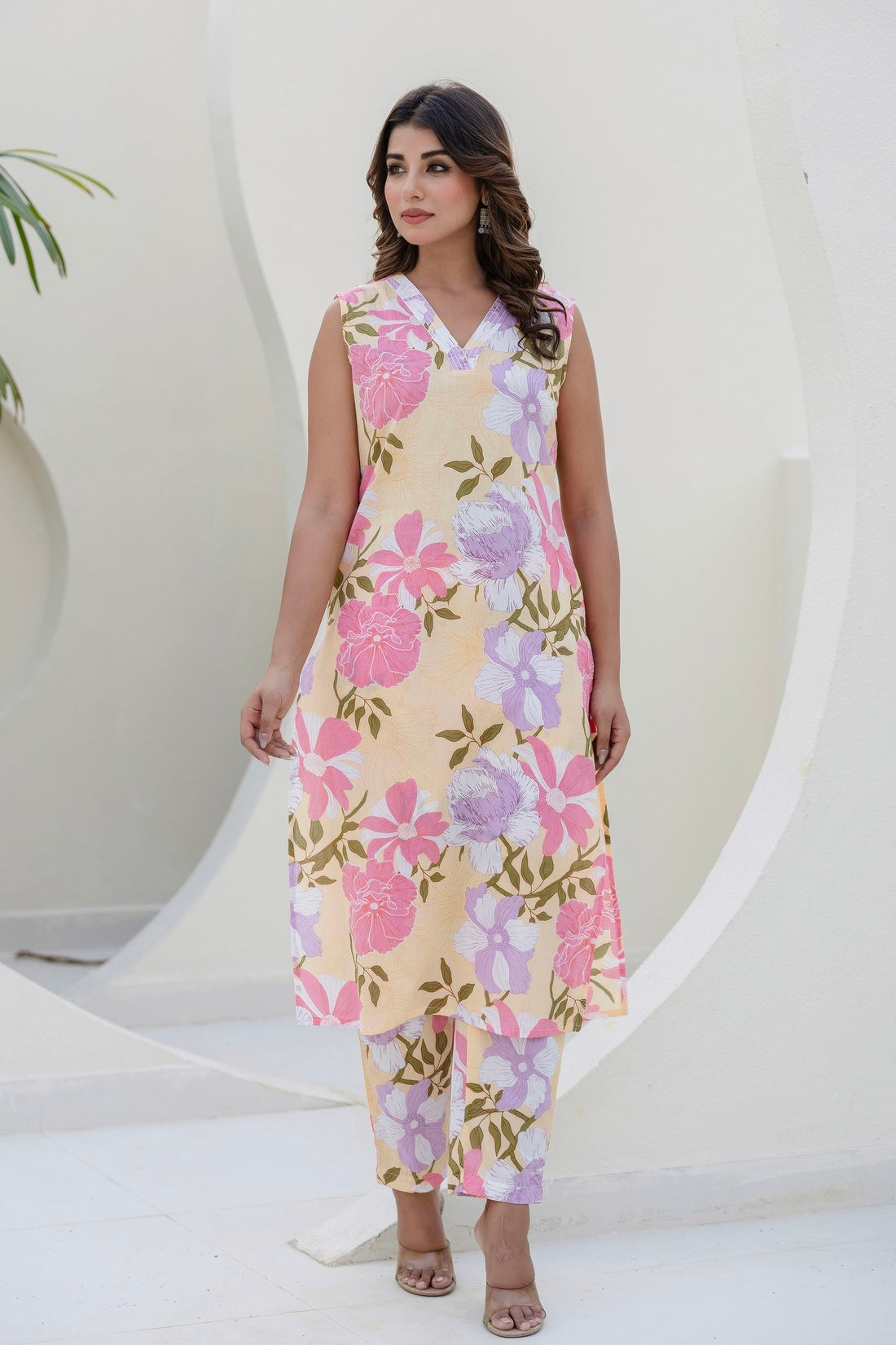 Pastel Yellow Threadwork Straight Kurta with Trousers Coord Set Pastel Yellow Threadwork Straight Kurta with Trousers Coord Set