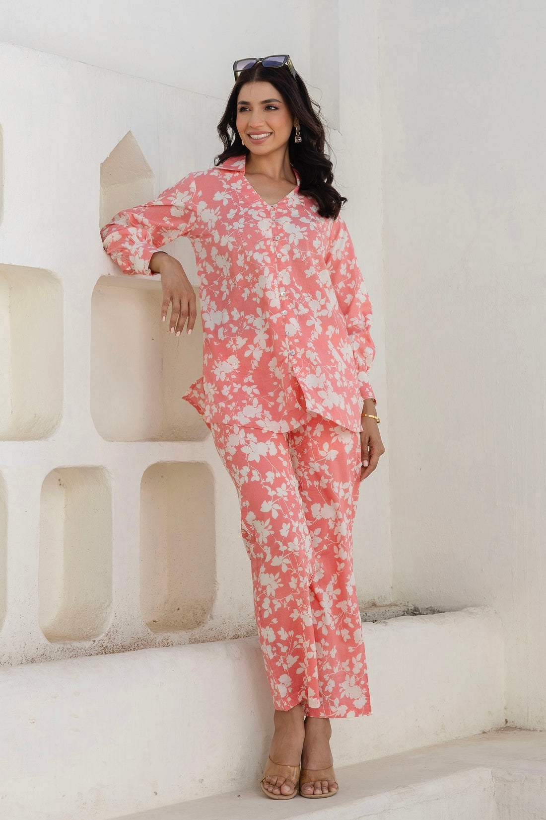 Rowena - Pink Cotton Floral Long Shirt with Wide Pants Coord Set Rowena - Pink Cotton Floral Long Shirt with Wide Pants Coord Set