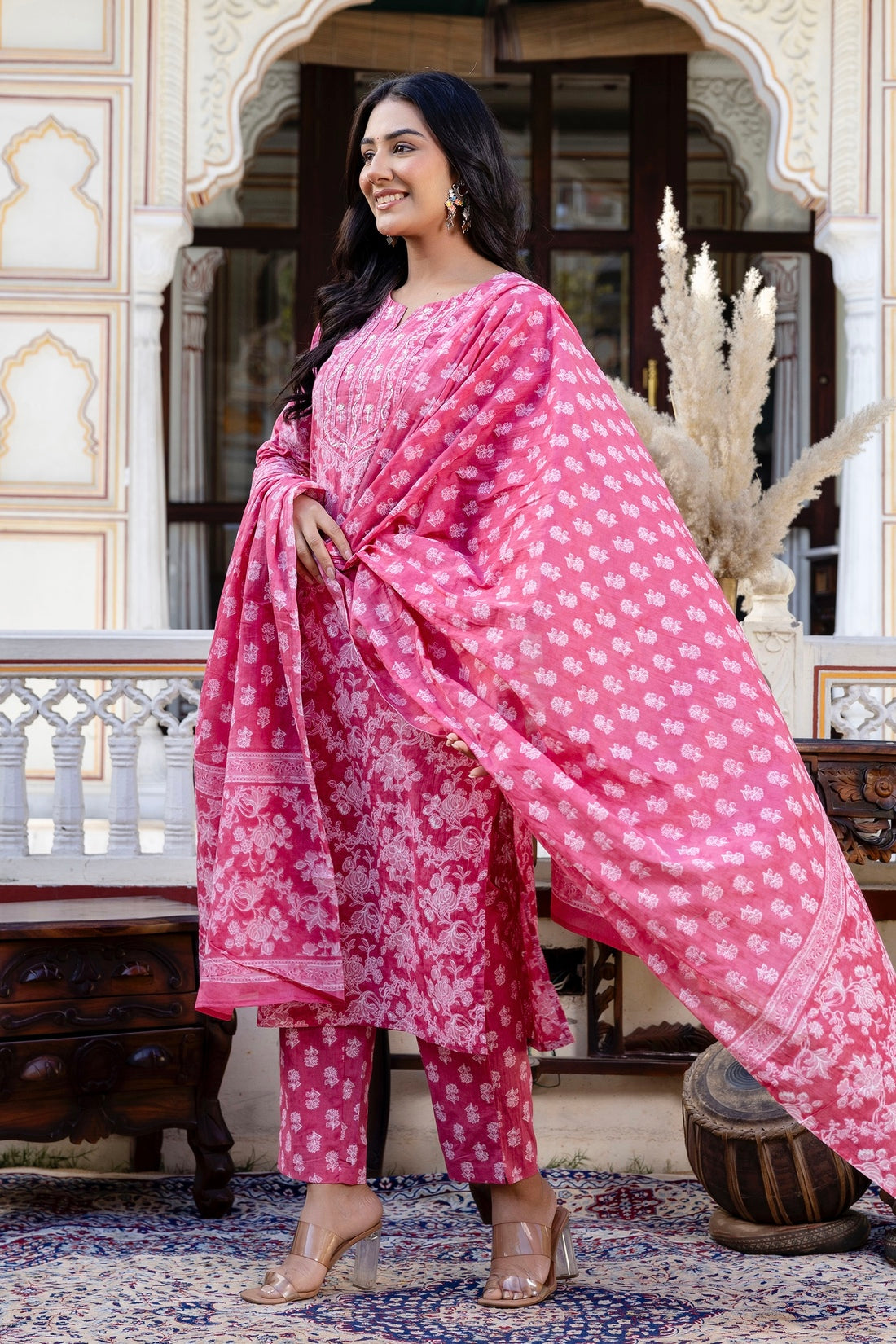 Pink Threadwork Highlight Cotton Kurta Set with Trousers and Dupatta Pink Threadwork Highlight Cotton Kurta Set with Trousers and Dupatta