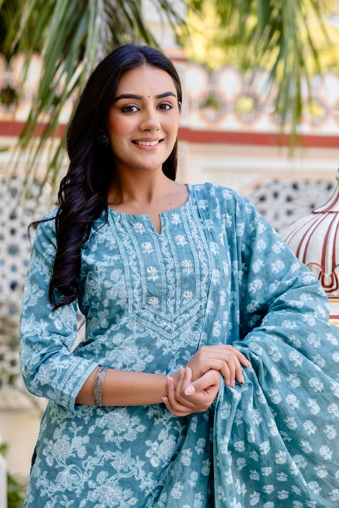 Sea Green Threadwork Highlight Cotton Kurta Set with Trousers and Dupatta Sea Green Threadwork Highlight Cotton Kurta Set with Trousers and Dupatta