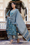 Teal Blue Front Pleats Design Cotton Kurta Set with Trousers and Dupatta Teal Blue Front Pleats Design Cotton Kurta Set with Trousers and Dupatta