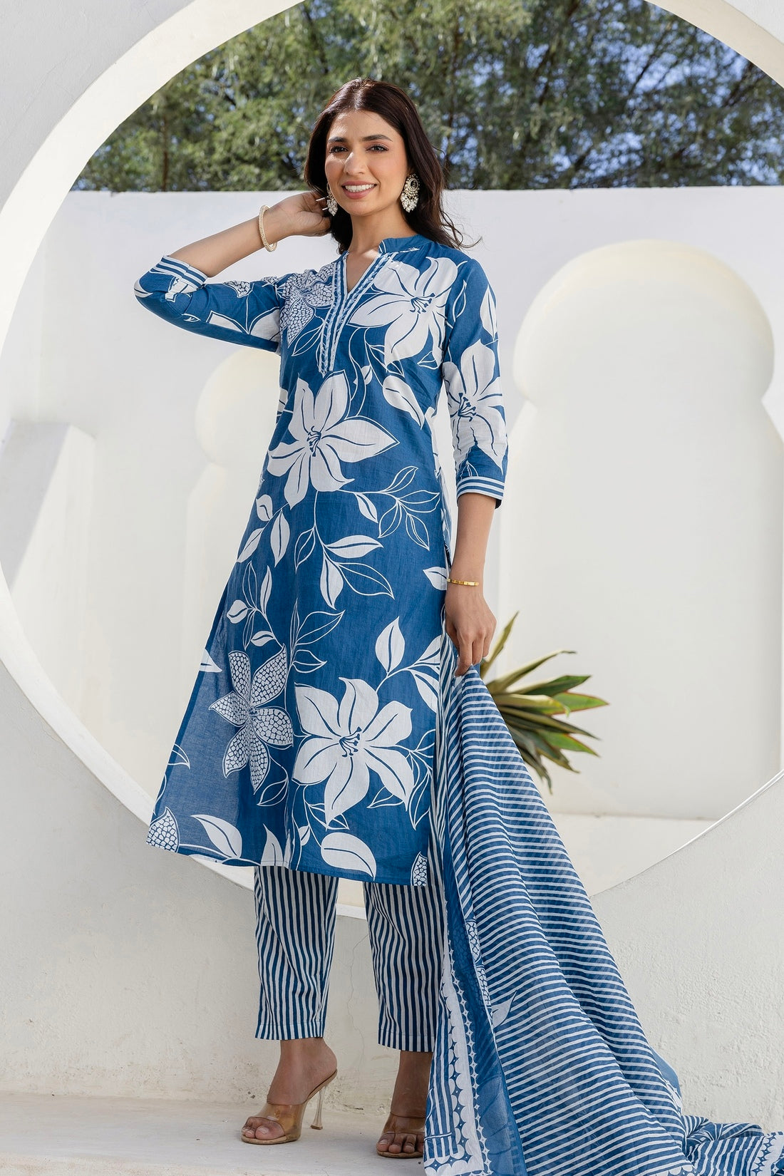 Blue Floral Print Plackett Highlight Collar Kurta Set with Trousers and Dupatta Blue Floral Print Plackett Highlight Collar Kurta Set with Trousers and Dupatta