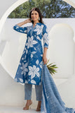 Blue Floral Print Plackett Highlight Collar Kurta Set with Trousers and Dupatta Blue Floral Print Plackett Highlight Collar Kurta Set with Trousers and Dupatta