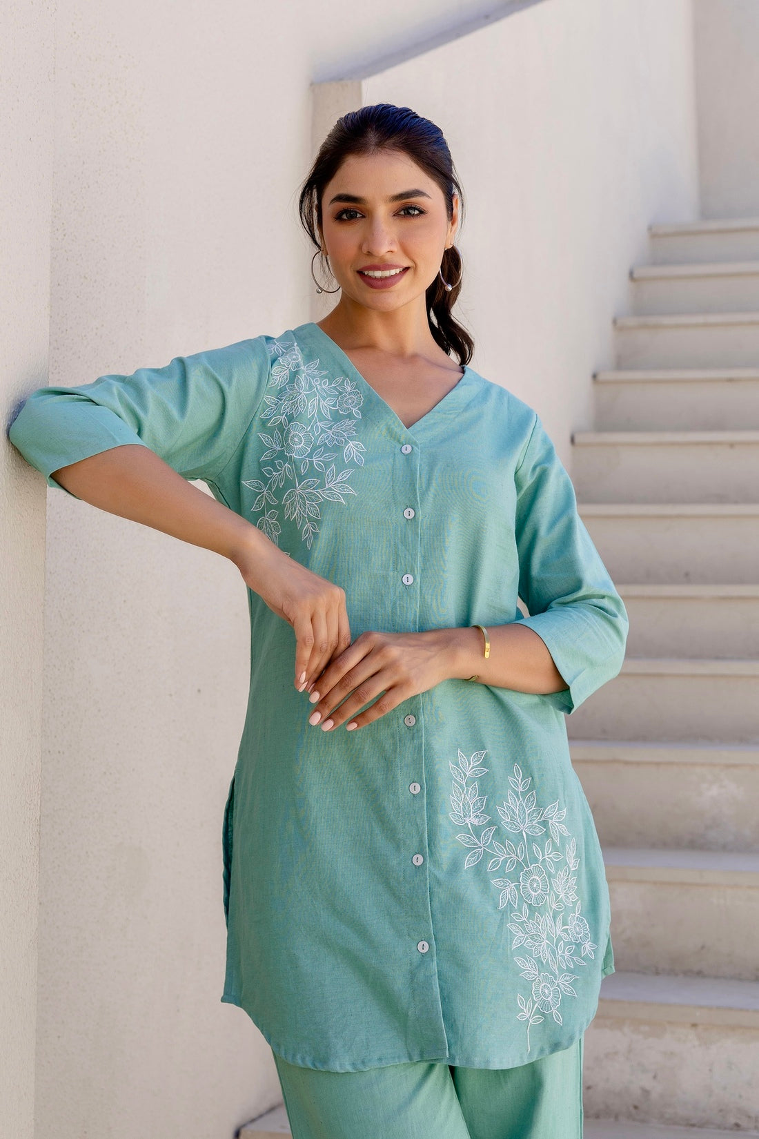 Damaris - Sage Green Cotton Flex Solid Embroidered Coord Set Damaris - Sage Green Cotton Flex Solid Embroidered Coord Set