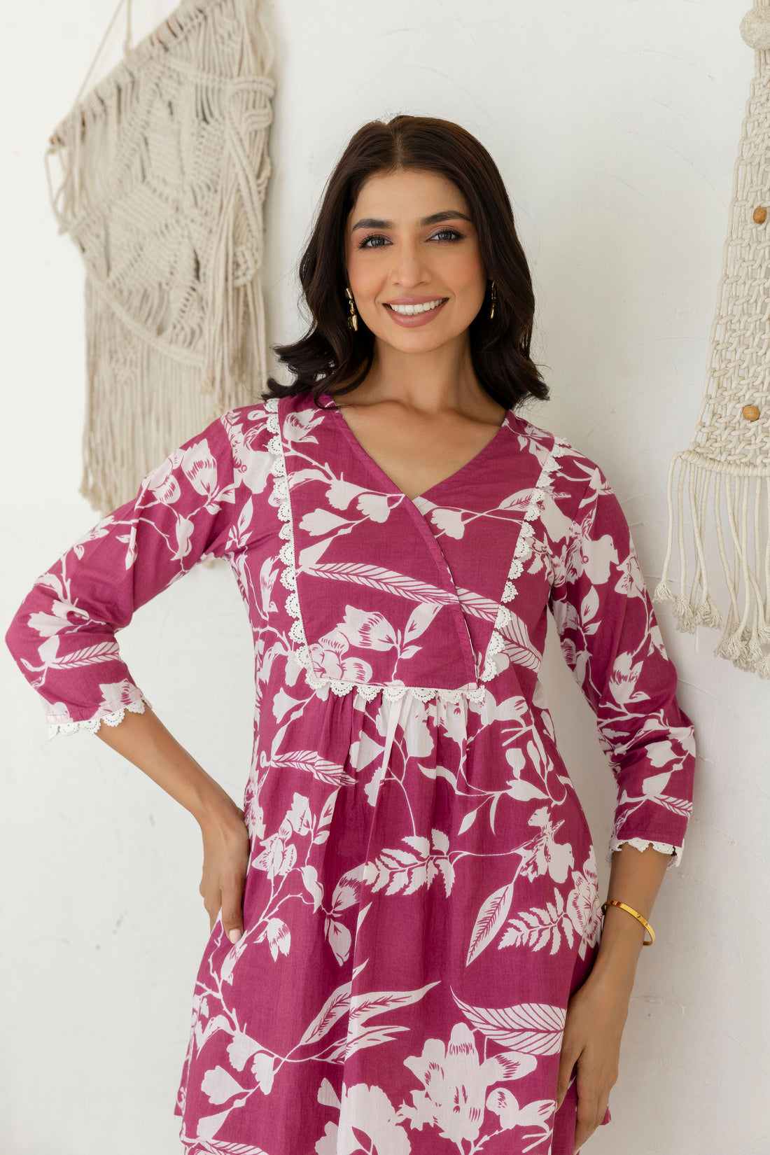 Reverie - Purple Floral Printed Lace Highlights Top with Wide Pants Coord Set Reverie - Purple Floral Printed Lace Highlights Top with Wide Pants Coord Set