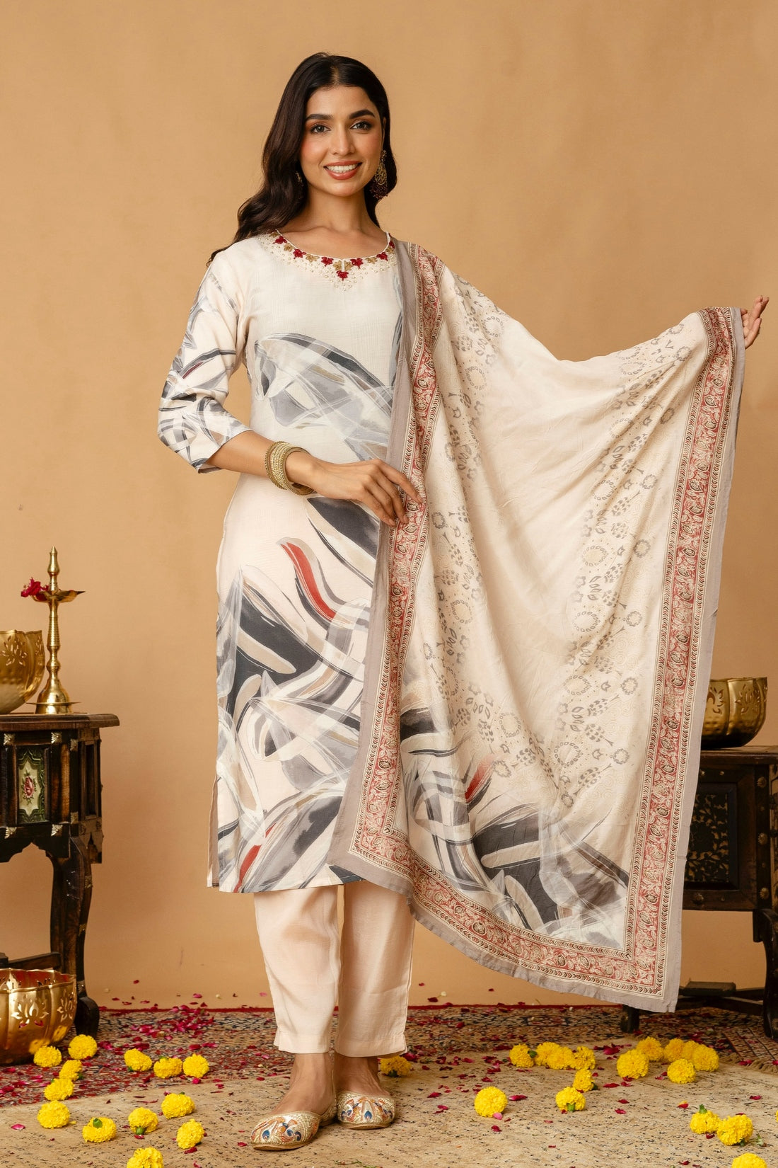 Cream Festive Hand Embroisered Viscose Kurta Set with Trousers and Dupatta Cream Festive Hand Embroisered Viscose Kurta Set with Trousers and Dupatta