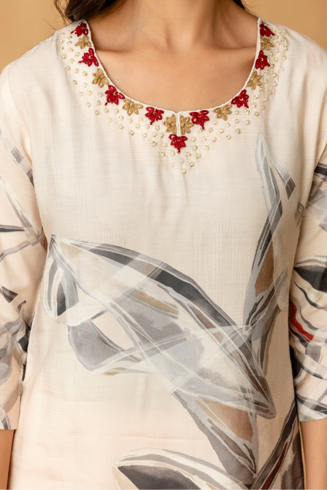 Cream Festive Hand Embroisered Viscose Kurta Set with Trousers and Dupatta Cream Festive Hand Embroisered Viscose Kurta Set with Trousers and Dupatta