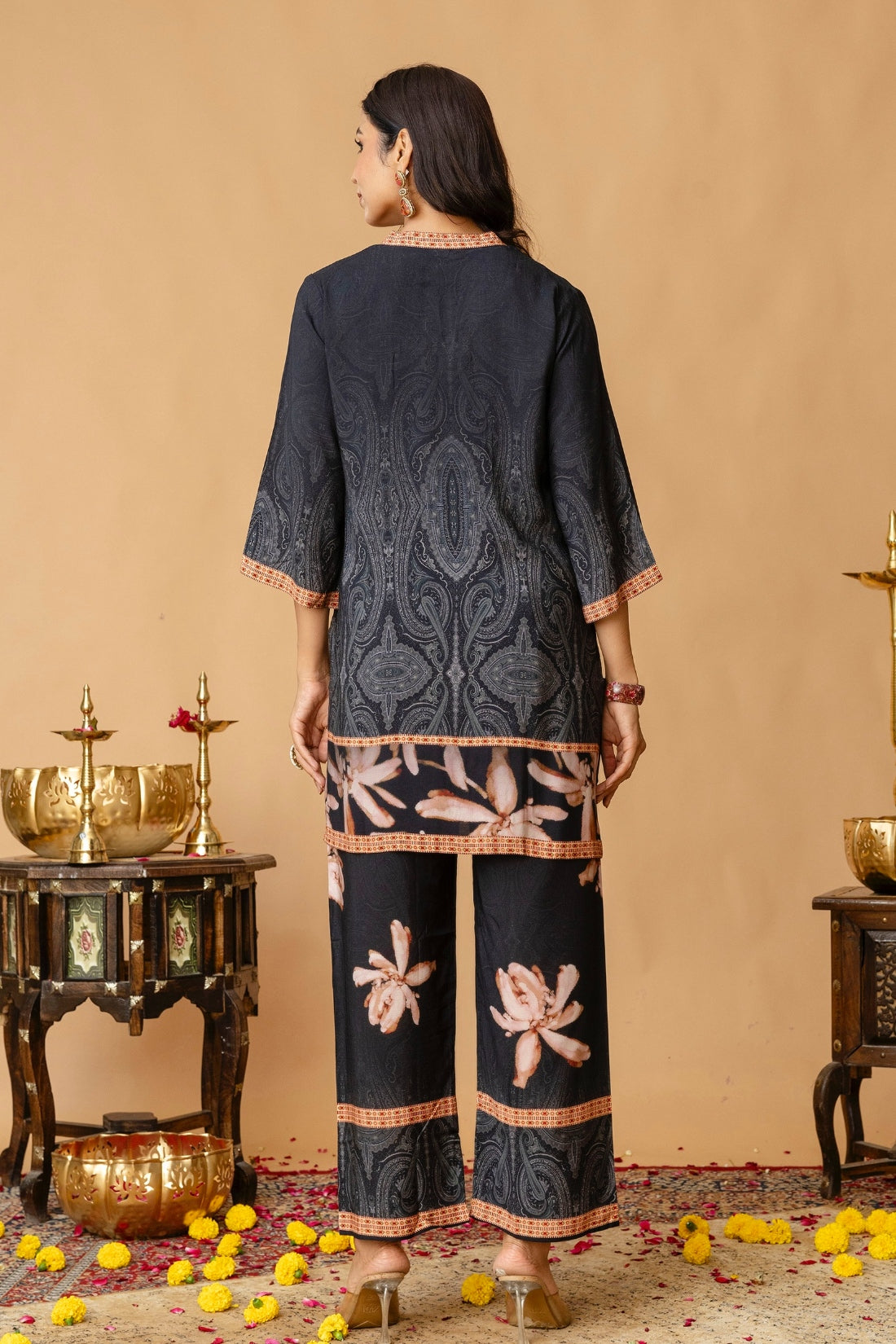 Black Mandarin Collar Sequins Highlight Viscose Kuri with Wide Leg Palazzos Coord Set Black Mandarin Collar Sequins Highlight Viscose Kuri with Wide Leg Palazzos Coord Set