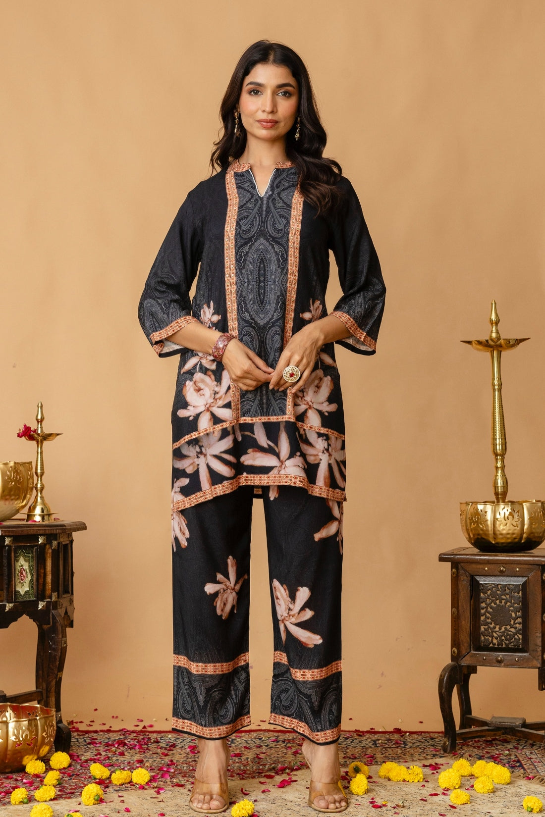 Black Mandarin Collar Sequins Highlight Viscose Kuri with Wide Leg Palazzos Coord Set Black Mandarin Collar Sequins Highlight Viscose Kuri with Wide Leg Palazzos Coord Set