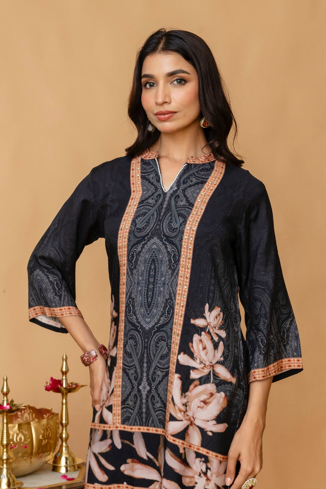 Black Mandarin Collar Sequins Highlight Viscose Kuri with Wide Leg Palazzos Coord Set Black Mandarin Collar Sequins Highlight Viscose Kuri with Wide Leg Palazzos Coord Set