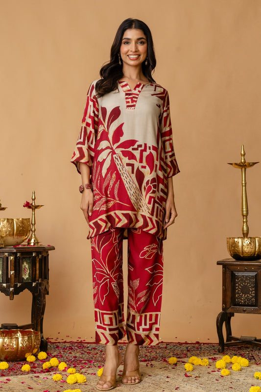 Maroon Green Sequins Highlight Viscose Kurti with Wide Leg Palazzo Coord Set