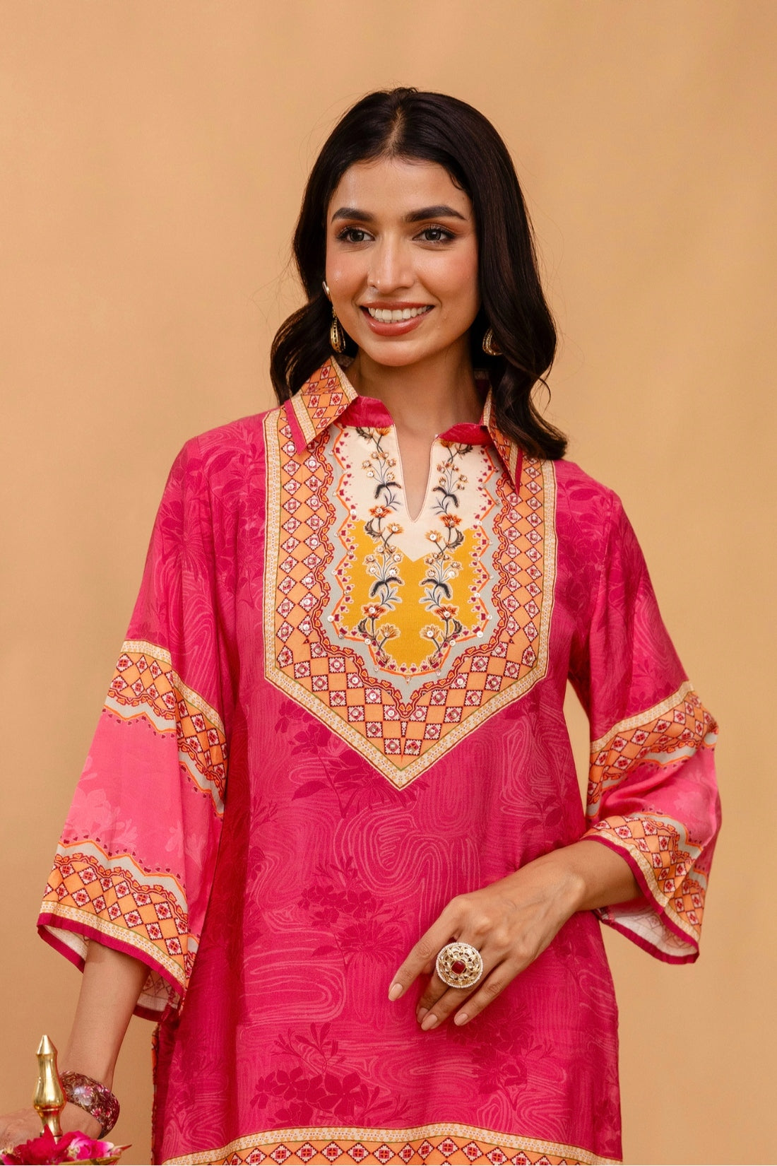 Pink Sequins Highlight Viscose Kurti with Wide Leg Palazzo Coord Set Pink Sequins Highlight Viscose Kurti with Wide Leg Palazzo Coord Set