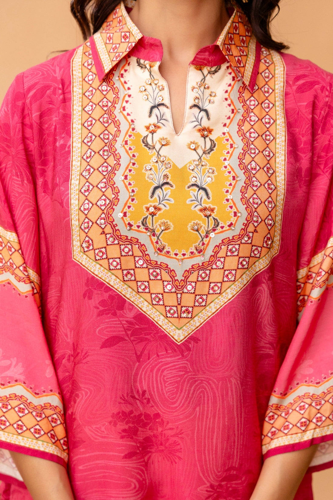 Pink Sequins Highlight Viscose Kurti with Wide Leg Palazzo Coord Set Pink Sequins Highlight Viscose Kurti with Wide Leg Palazzo Coord Set