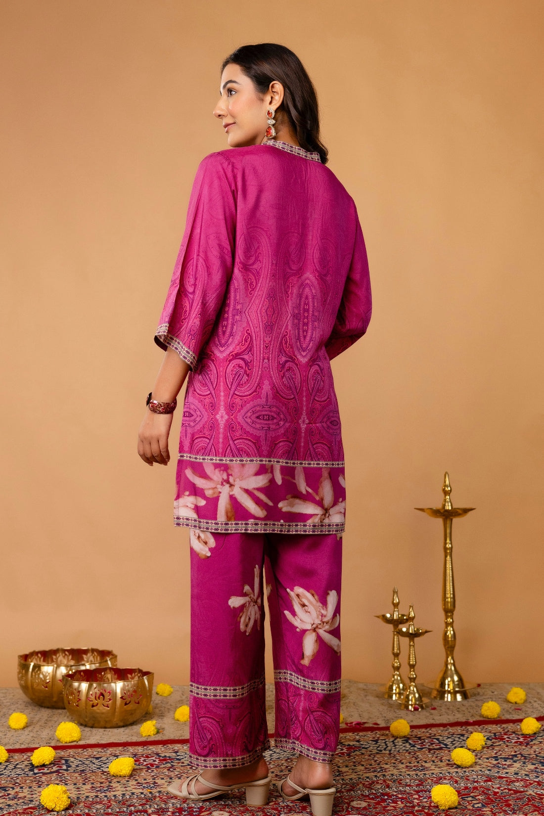 Purple Mandarin Collar Sequins Highlight Viscose Kuri with Wide Leg Palazzos Coord Set Purple Mandarin Collar Sequins Highlight Viscose Kuri with Wide Leg Palazzos Coord Set