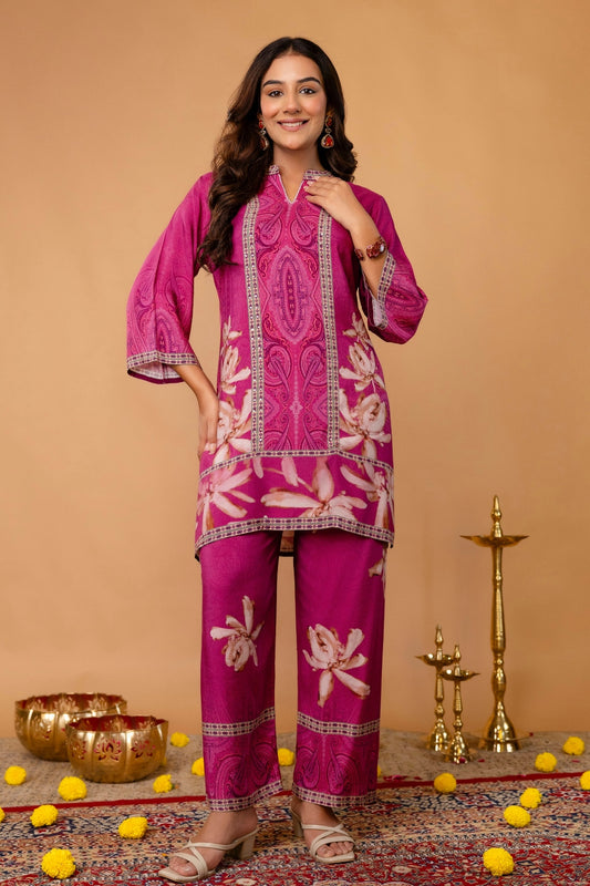 Purple Mandarin Collar Sequins Highlight Viscose Kuri with Wide Leg Palazzos Coord Set