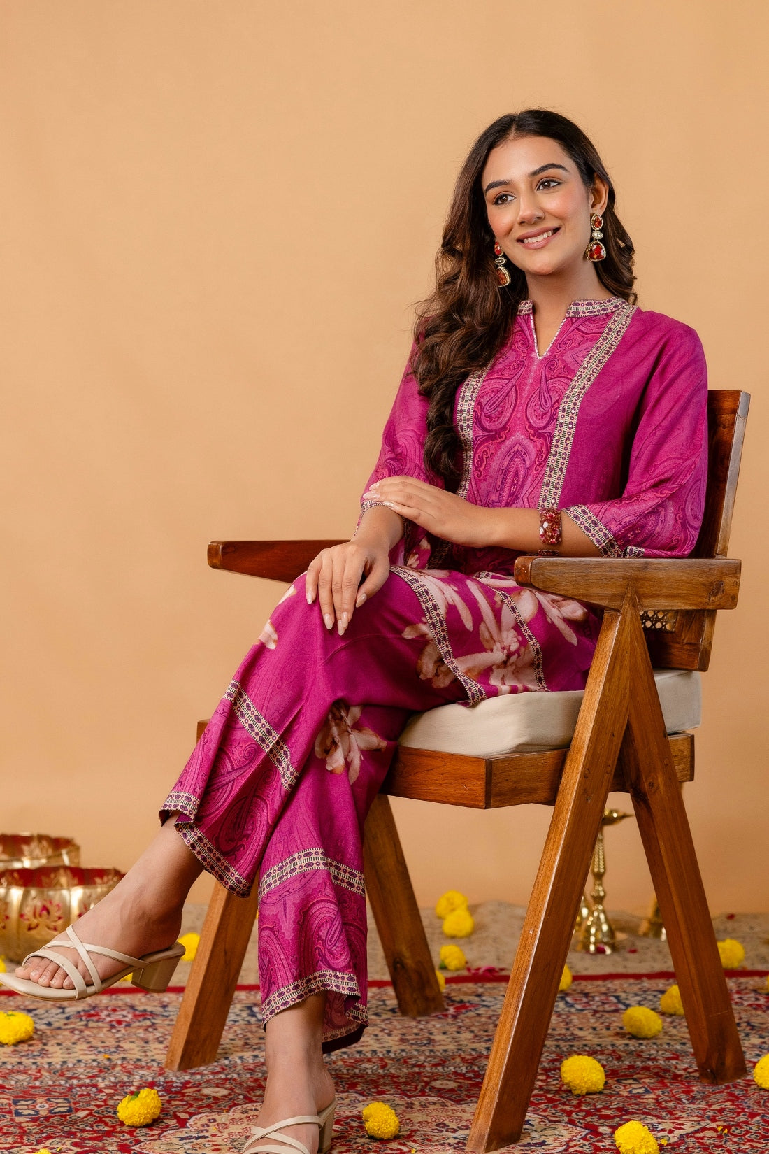 Purple Mandarin Collar Sequins Highlight Viscose Kuri with Wide Leg Palazzos Coord Set Purple Mandarin Collar Sequins Highlight Viscose Kuri with Wide Leg Palazzos Coord Set