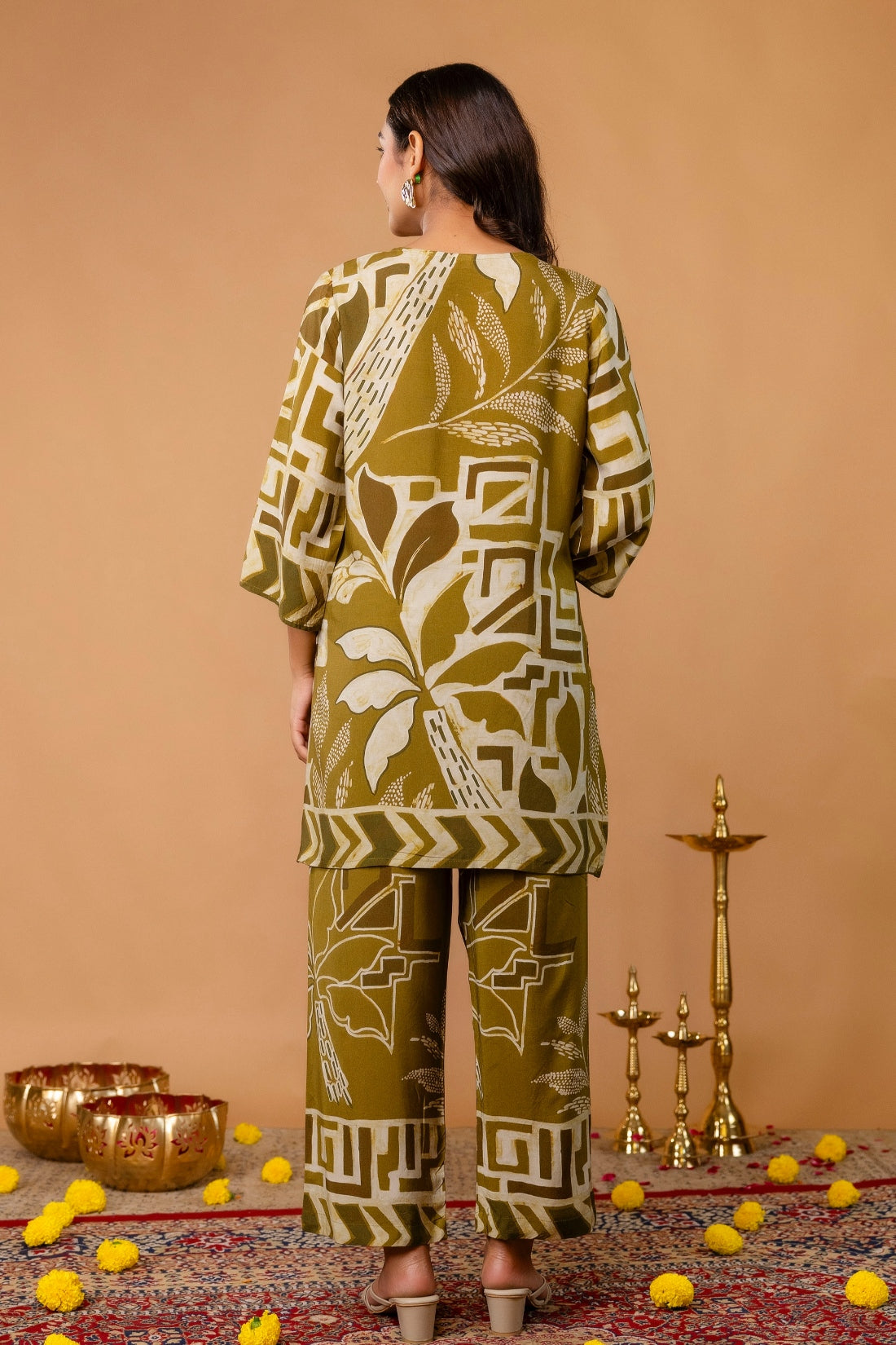 Olive Green Sequins Highlight Viscose Kurti with Wide Leg Palazzo Coord Set Olive Green Sequins Highlight Viscose Kurti with Wide Leg Palazzo Coord Set