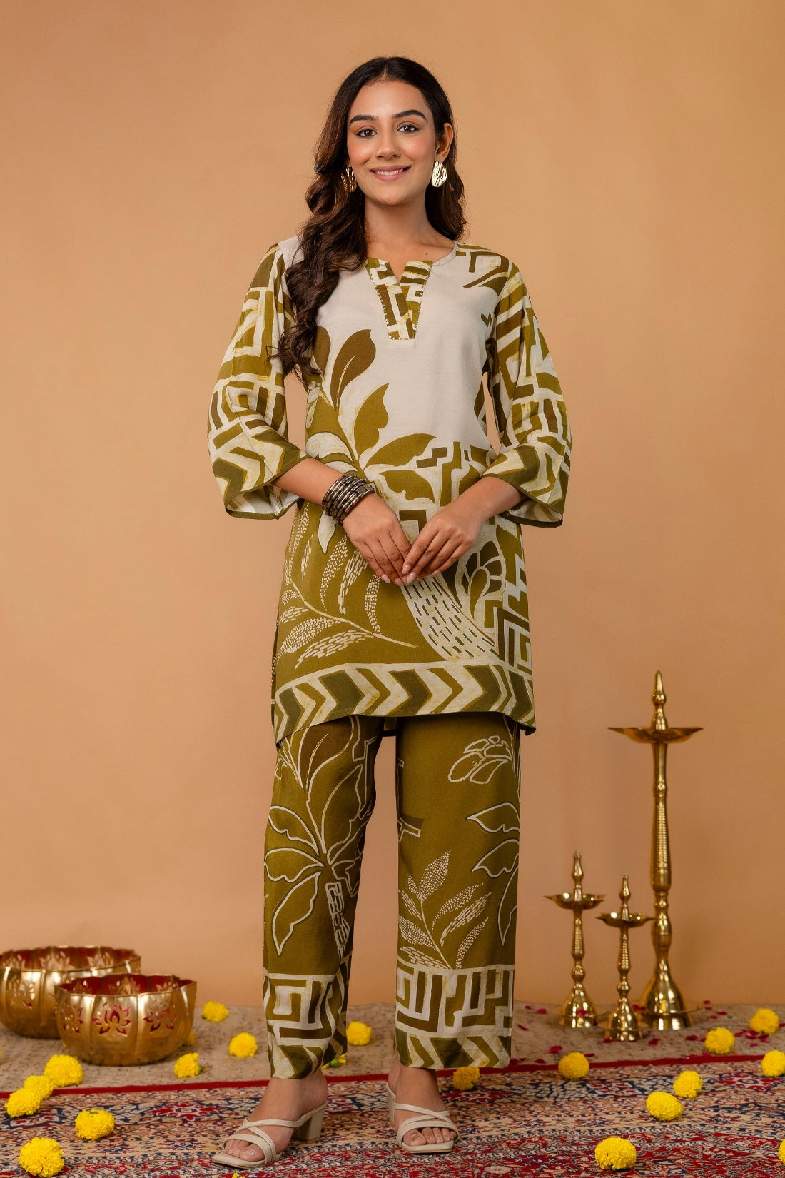 Olive Green Sequins Highlight Viscose Kurti with Wide Leg Palazzo Coord Set Olive Green Sequins Highlight Viscose Kurti with Wide Leg Palazzo Coord Set