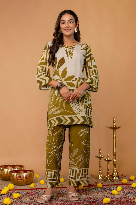 Olive Green Sequins Highlight Viscose Kurti with Wide Leg Palazzo Coord Set