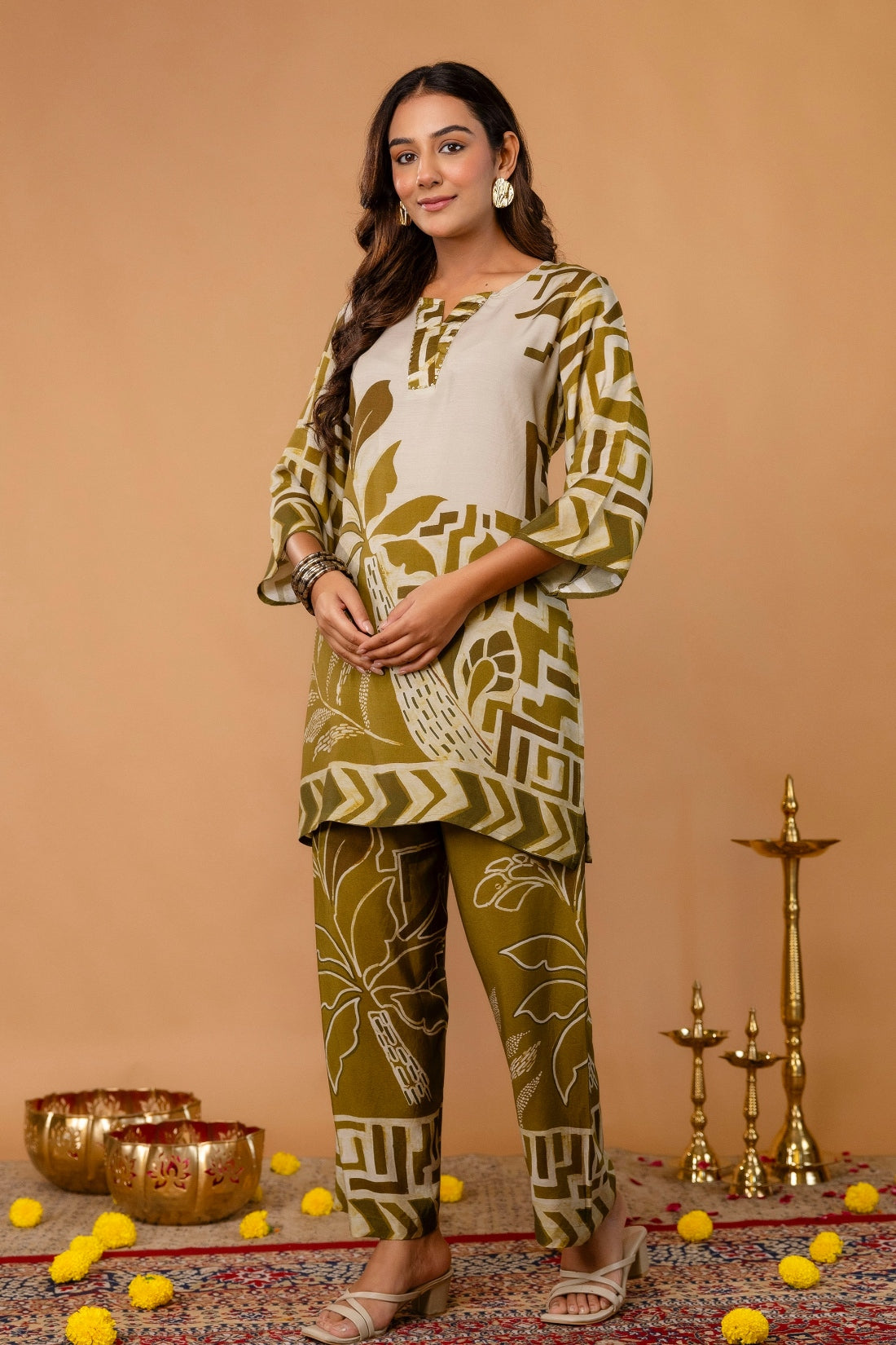 Olive Green Sequins Highlight Viscose Kurti with Wide Leg Palazzo Coord Set Olive Green Sequins Highlight Viscose Kurti with Wide Leg Palazzo Coord Set