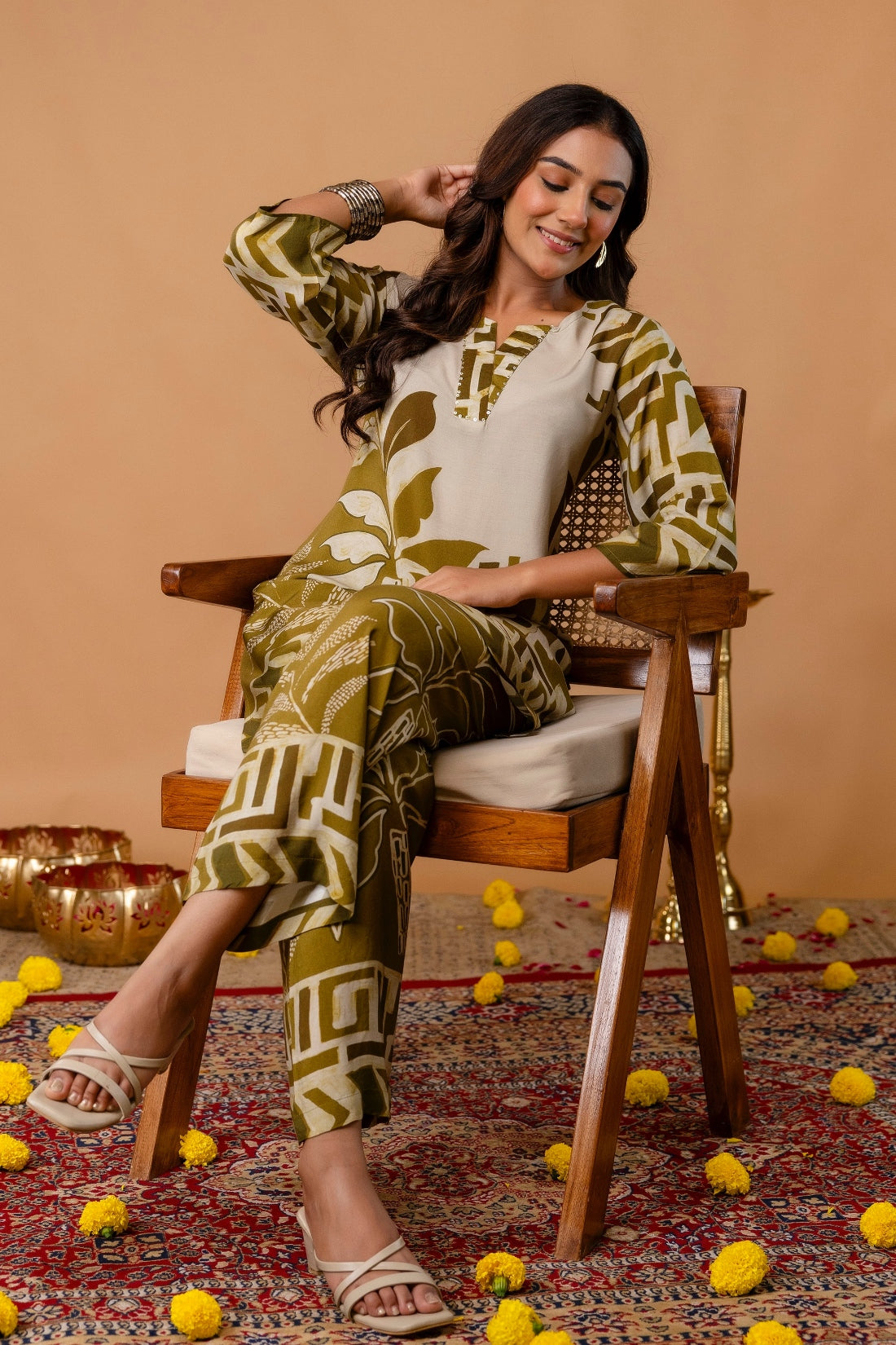 Olive Green Sequins Highlight Viscose Kurti with Wide Leg Palazzo Coord Set Olive Green Sequins Highlight Viscose Kurti with Wide Leg Palazzo Coord Set