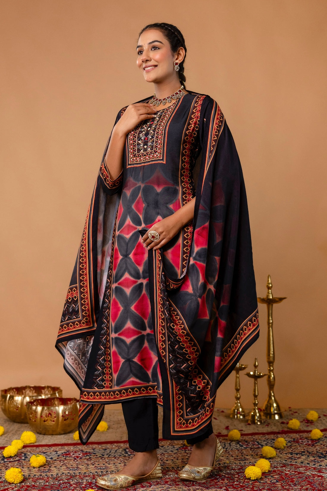 Black Festive Yoke Design Viscose Kurta Set with Trousers and Dupatta Black Festive Yoke Design Viscose Kurta Set with Trousers and Dupatta