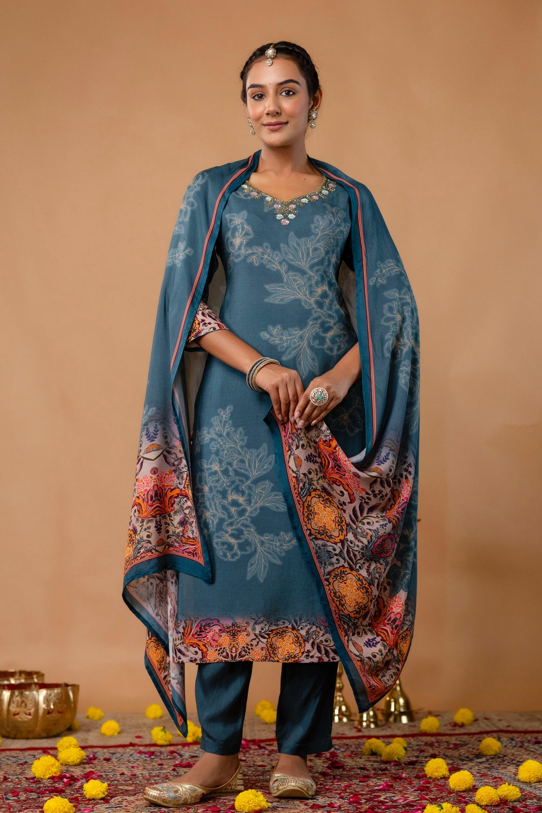 Teal Pearl and Sequin Work Viscose Festive Kurta Set with Trousers and Dupatta Teal Pearl and Sequin Work Viscose Festive Kurta Set with Trousers and Dupatta