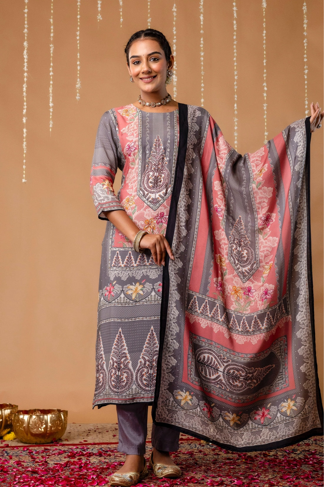 Pink & Grey Mirrorwork Viscose Festive Kurta Set with Trousers and Dupatta Pink & Grey Mirrorwork Viscose Festive Kurta Set with Trousers and Dupatta