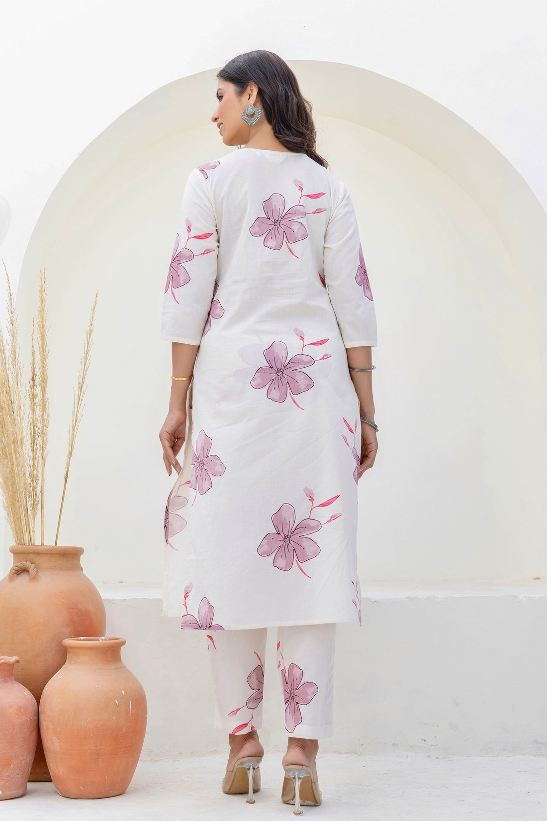 White and Pink Floral Cotton Kurta Set with Trousers and Dupatta White and Pink Floral Cotton Kurta Set with Trousers and Dupatta