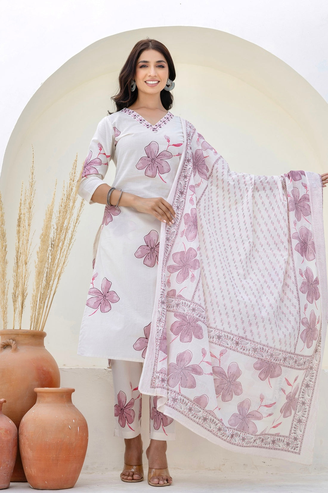 White and Pink Floral Cotton Kurta Set with Trousers and Dupatta White and Pink Floral Cotton Kurta Set with Trousers and Dupatta