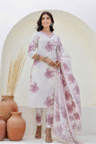 White and Pink Floral Cotton Kurta Set with Trousers and Dupatta White and Pink Floral Cotton Kurta Set with Trousers and Dupatta
