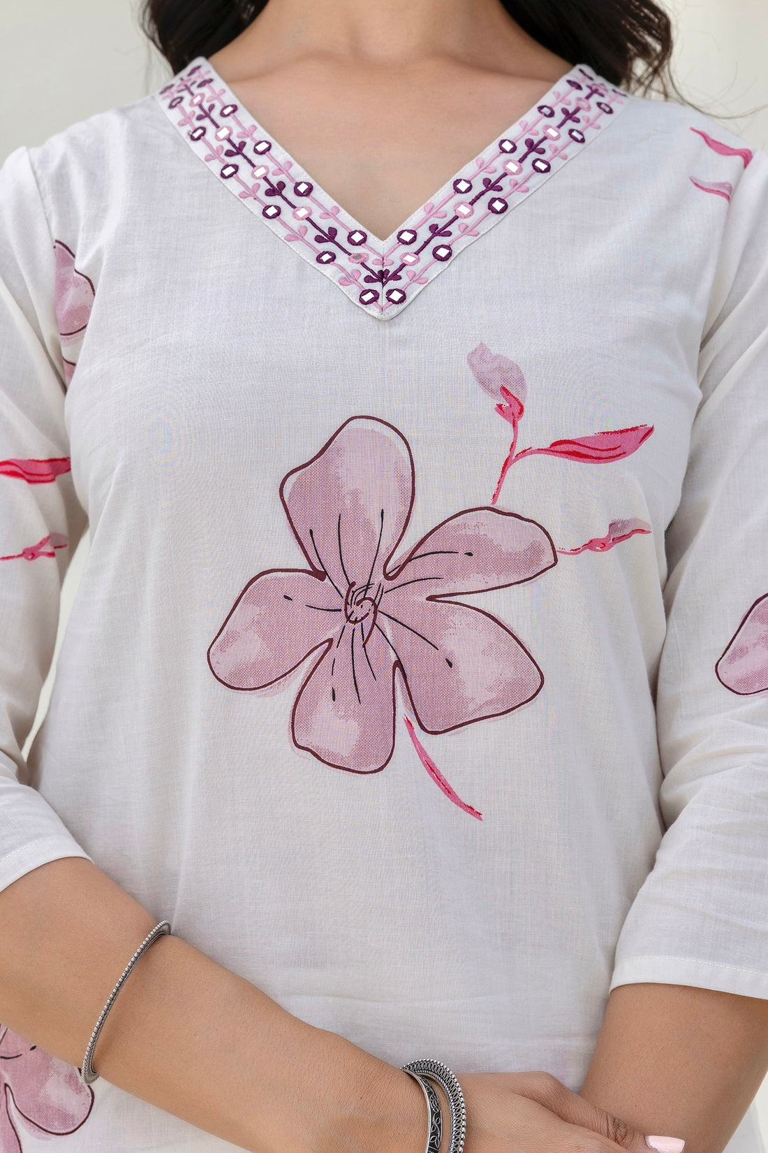 White and Pink Floral Cotton Kurta Set with Trousers and Dupatta White and Pink Floral Cotton Kurta Set with Trousers and Dupatta