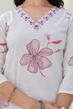White and Pink Floral Cotton Kurta Set with Trousers and Dupatta White and Pink Floral Cotton Kurta Set with Trousers and Dupatta