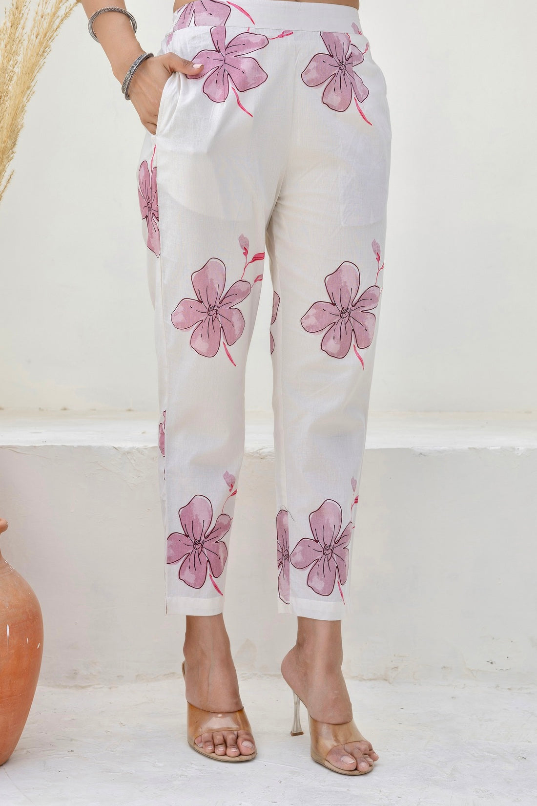 White and Pink Floral Cotton Kurta Set with Trousers and Dupatta White and Pink Floral Cotton Kurta Set with Trousers and Dupatta