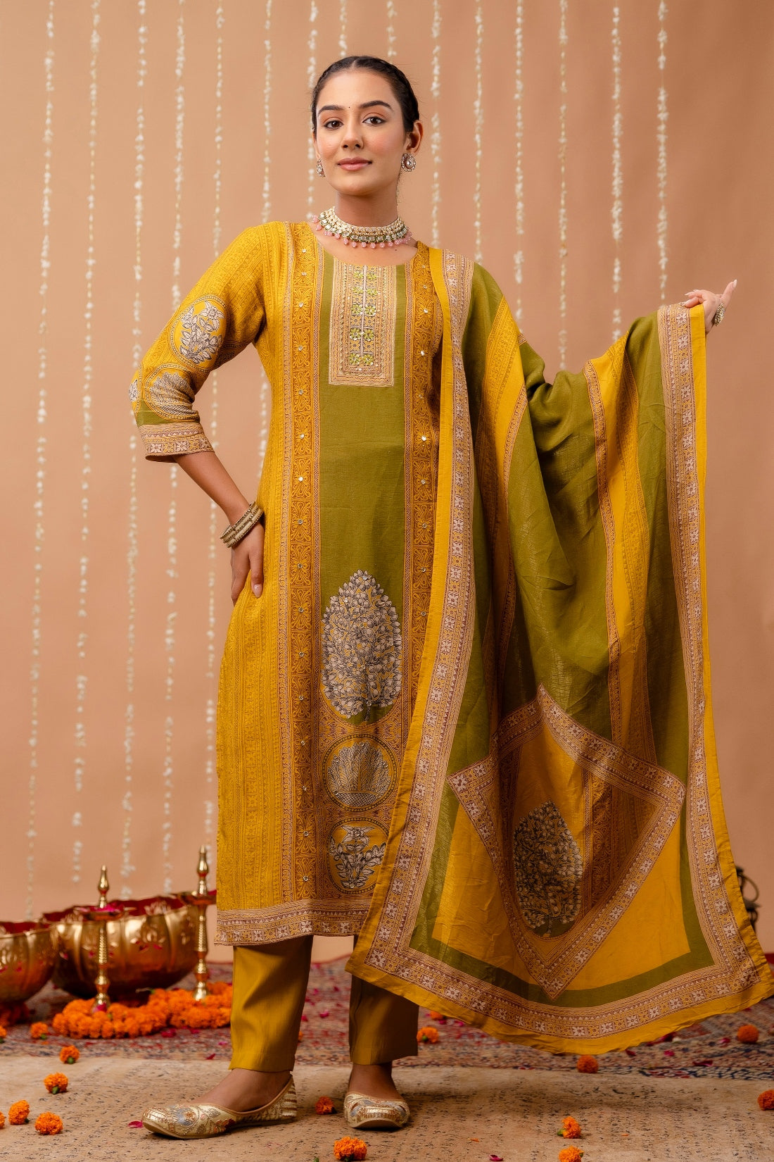 Yellow and Green Tissue Silk Lined Festive Kurta Set with Trousers and Dupatta Yellow and Green Tissue Silk Lined Festive Kurta Set with Trousers and Dupatta