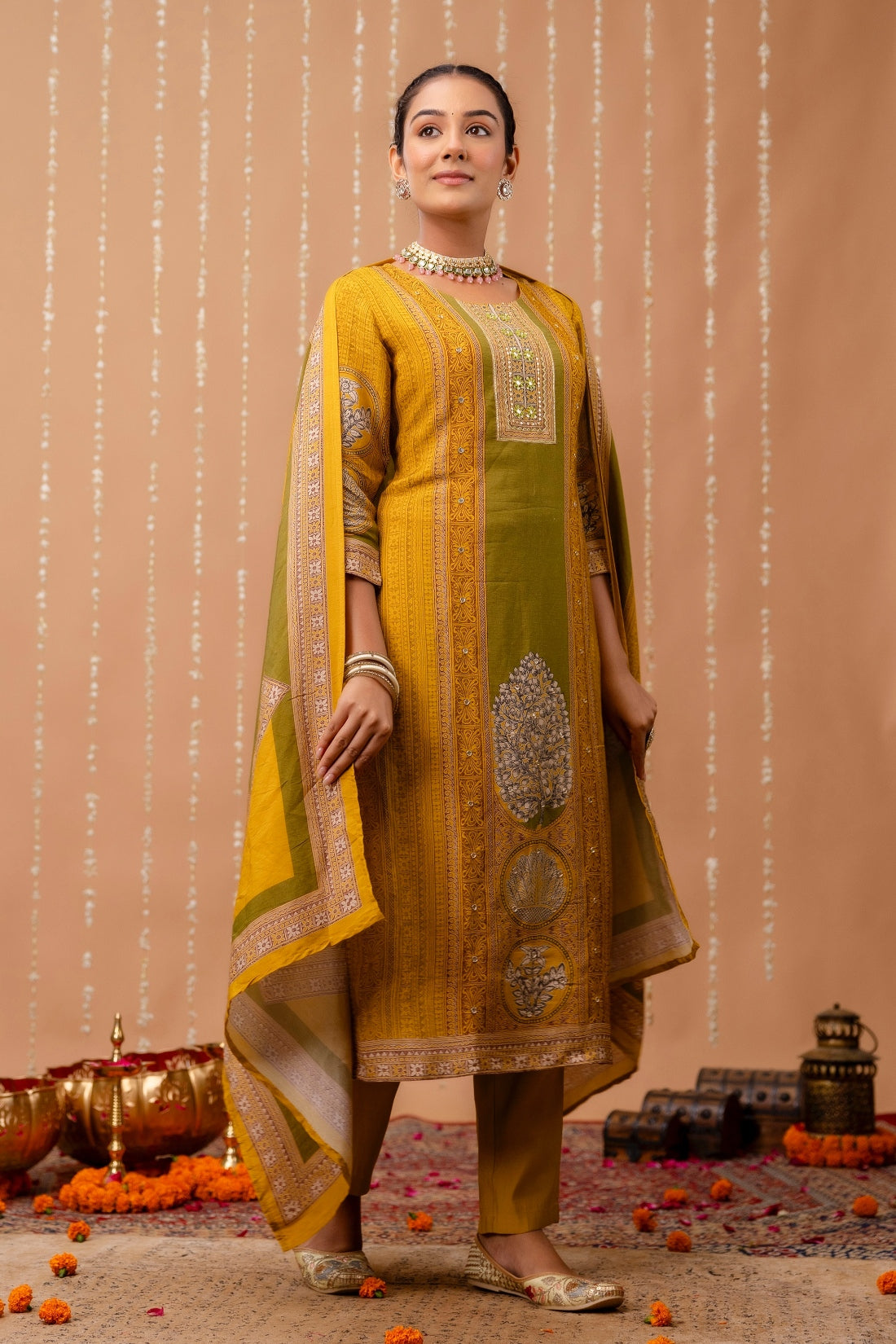 Yellow and Green Tissue Silk Lined Festive Kurta Set with Trousers and Dupatta Yellow and Green Tissue Silk Lined Festive Kurta Set with Trousers and Dupatta