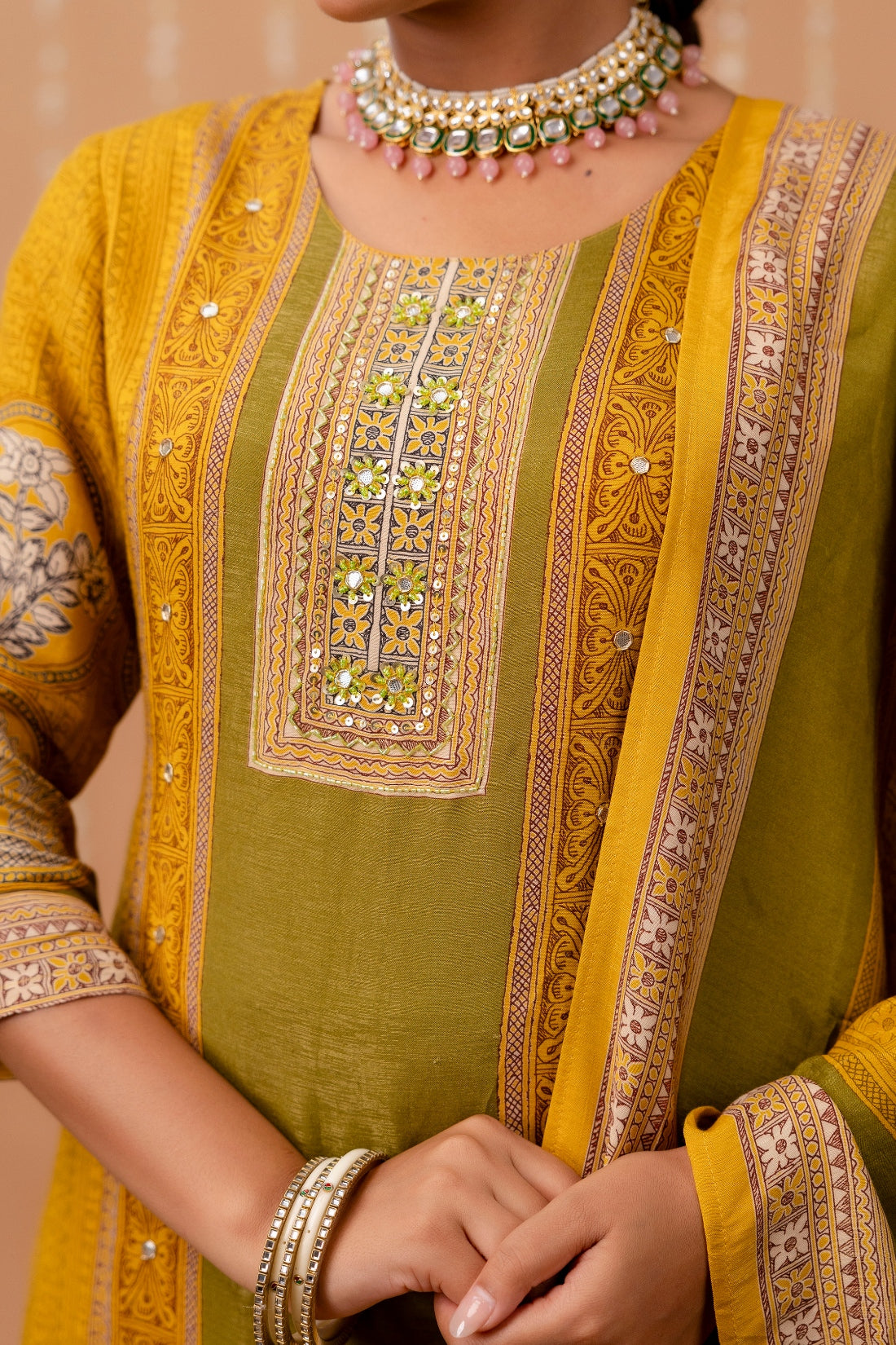 Yellow and Green Tissue Silk Lined Festive Kurta Set with Trousers and Dupatta Yellow and Green Tissue Silk Lined Festive Kurta Set with Trousers and Dupatta