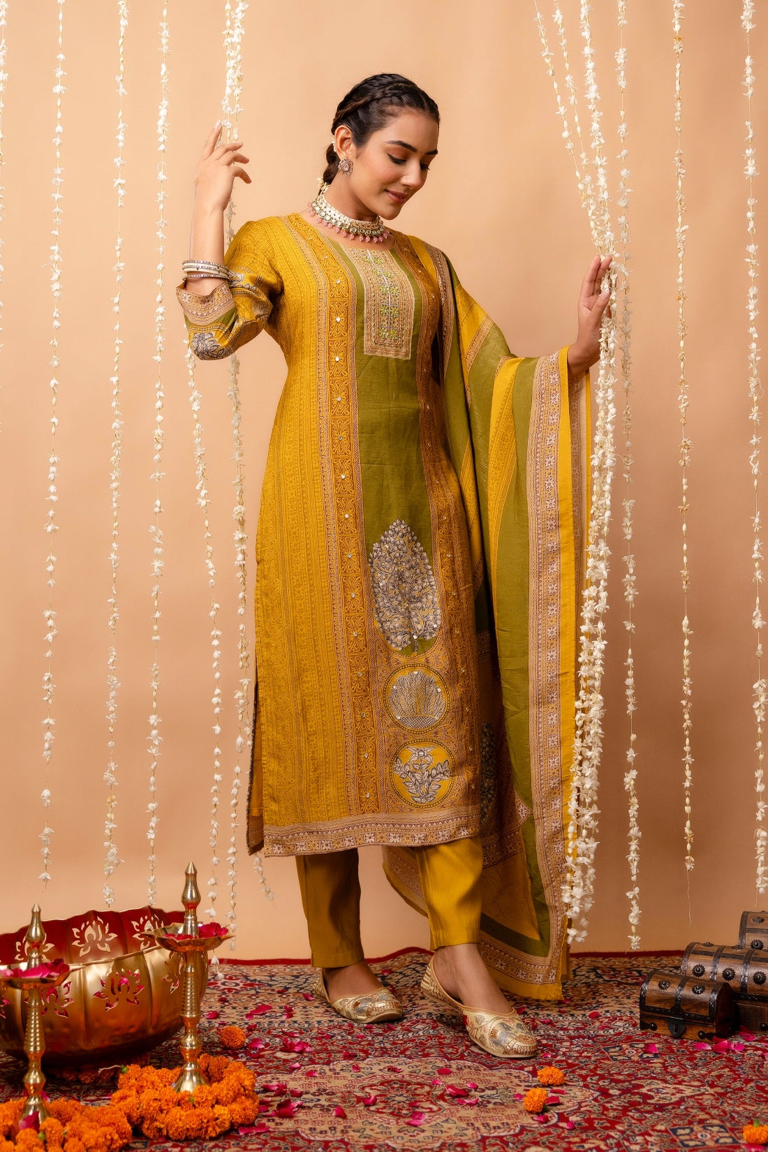 Yellow and Green Tissue Silk Lined Festive Kurta Set with Trousers and Dupatta Yellow and Green Tissue Silk Lined Festive Kurta Set with Trousers and Dupatta