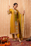 Yellow and Green Tissue Silk Lined Festive Kurta Set with Trousers and Dupatta Yellow and Green Tissue Silk Lined Festive Kurta Set with Trousers and Dupatta