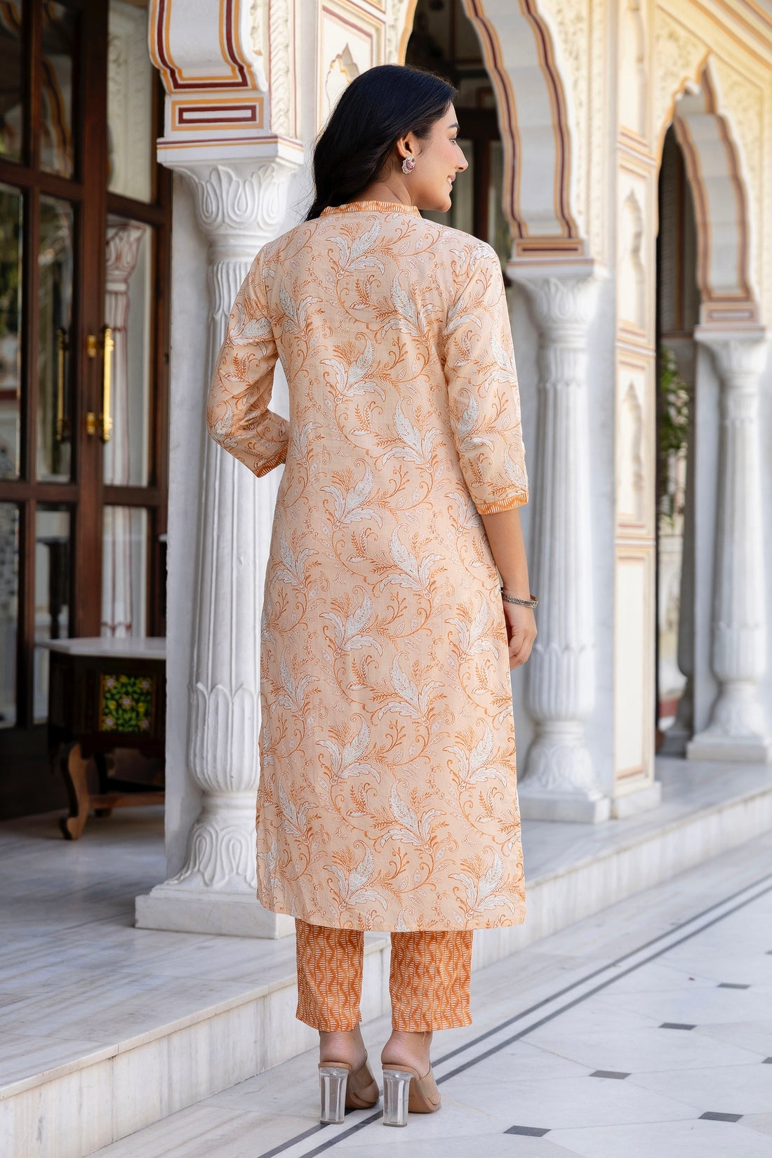 Peach Neck Highlight Printed Cotton Kurta Set with Trousers and Dupatta Peach Neck Highlight Printed Cotton Kurta Set with Trousers and Dupatta