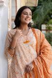 Peach Neck Highlight Printed Cotton Kurta Set with Trousers and Dupatta Peach Neck Highlight Printed Cotton Kurta Set with Trousers and Dupatta