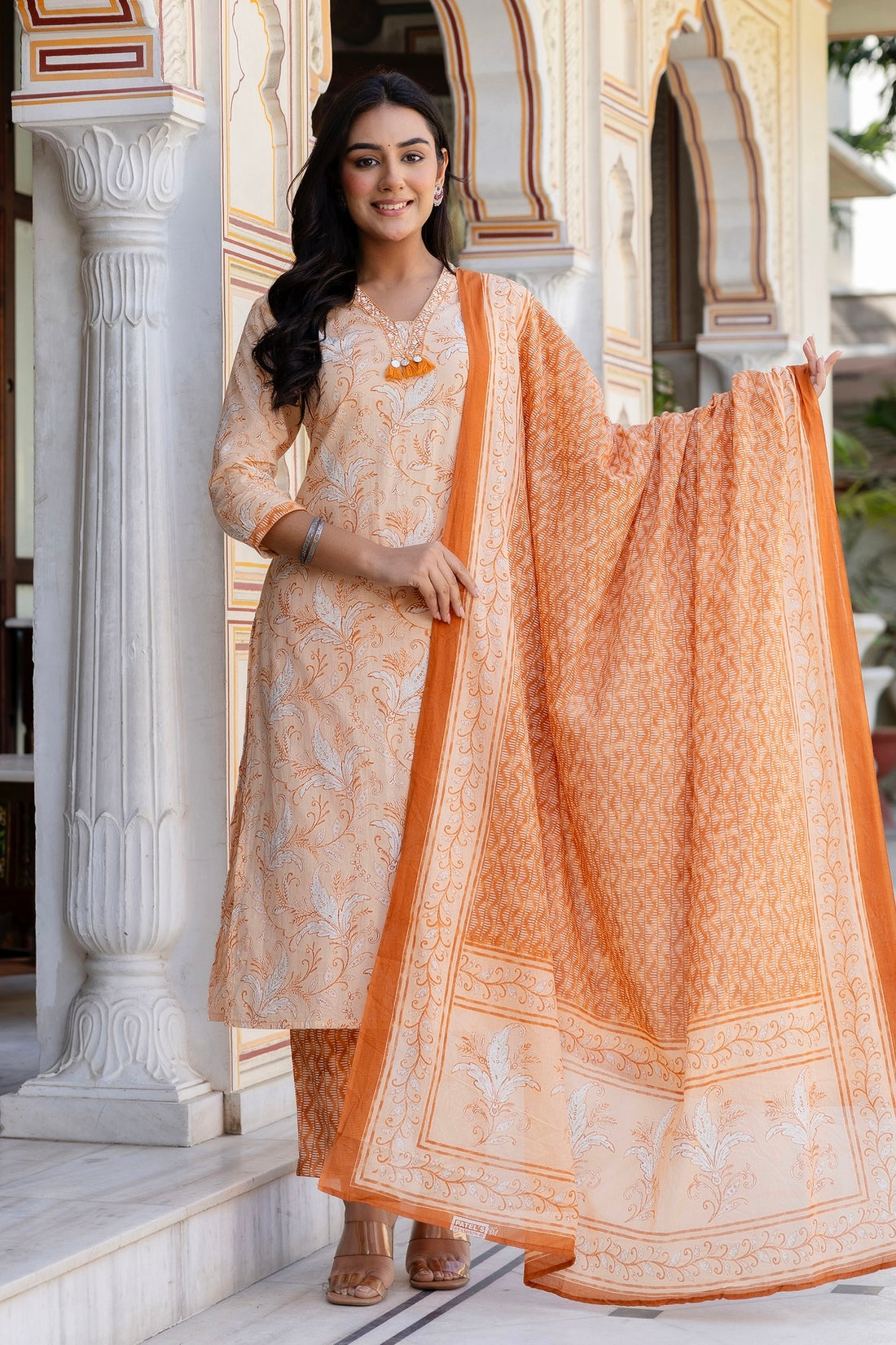 Peach Neck Highlight Printed Cotton Kurta Set with Trousers and Dupatta Peach Neck Highlight Printed Cotton Kurta Set with Trousers and Dupatta