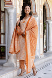 Peach Neck Highlight Printed Cotton Kurta Set with Trousers and Dupatta Peach Neck Highlight Printed Cotton Kurta Set with Trousers and Dupatta